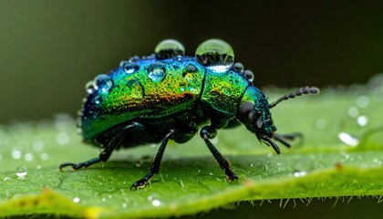 Iridescent beetle with green blue and gold colors Many water droplets cling to its body It rests on a vibrant green leaf
