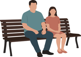 Man and girl are sitting on a brown park bench in a flat vector style, creating a calm and peaceful mood, ideal for family-oriented or lifestyle-themed designs.
