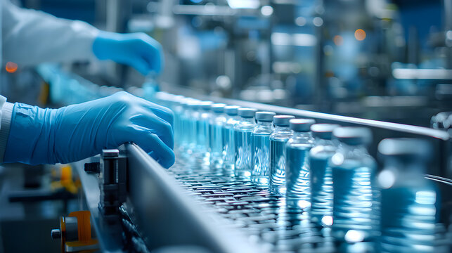 Laboratory technician in blue gloves handling glass vials on a production line in a sterile environment