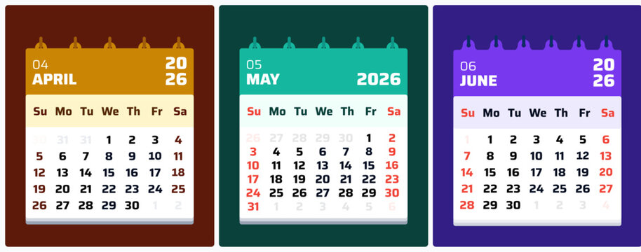 April 2026 Calendar. May April June 2026 Monthly Layout, Professional May 2026 Agenda Planner. Vector flat design