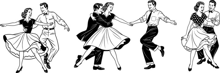 Three couples in monochrome illustration are dancing in a retro style, portraying a fun, energetic atmosphere perfect for vintage themes and social events.