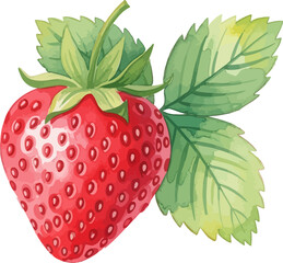 Ripe strawberry is featured with green leaves in a watercolor style, creating a fresh and vibrant feeling perfect for food-related designs and creative projects.