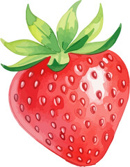 Watercolor strawberry with bright red color and green leaves stands alone, painted with delicate brushstrokes and soft shading, perfect for food illustrations and summer themed designs.