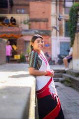 Newari Girl in Traditional Attire Strolling Through Patan Durbar Square