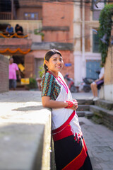 Newari Girl in Traditional Attire Strolling Through Patan Durbar Square