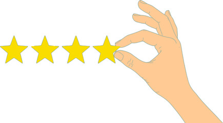 Hand is arranging four vivid yellow stars in a row on a clean white background, representing rating or review concepts, perfect for business, service, and feedback related marketing.