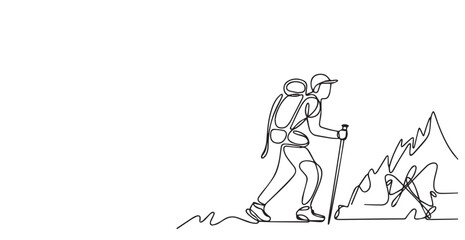Silhouette of a hiker with a backpack climbing a rocky peak against a white background view outdoors