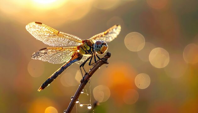 Close up of a colorful dragonfly with dew covered wings perched on a twig against a golden bokeh background at sunrise