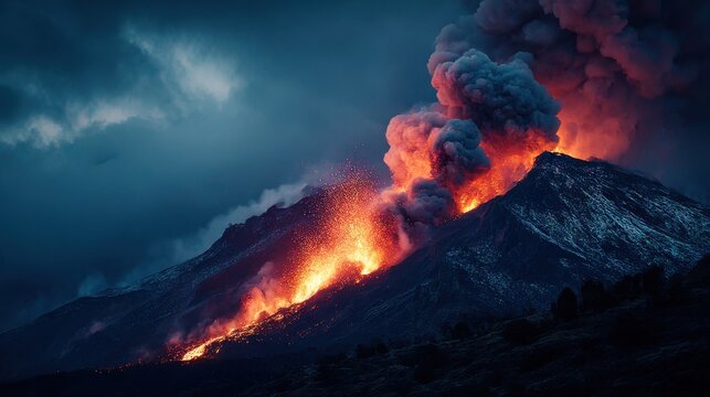 Volcano erupts with fiery lava flows and ash clouds at twilight