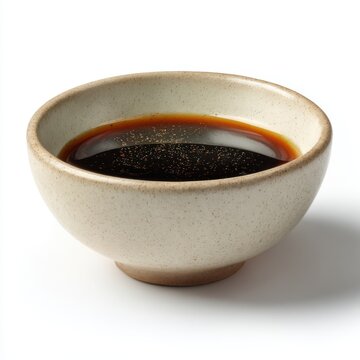 Soy Sauce in a Ceramic Bowl on White Background, Condiment, Dipping sauce, Stoneware