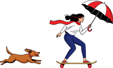 Illustrated woman wearing a red scarf skateboarding with a red and white umbrella as a brown dog runs beside her, creating a playful and active scene perfect for lifestyle or outdoor-themed content.