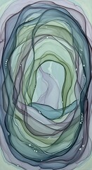 Abstract artwork featuring swirling layers of translucent blue, green, and gray ink, creating a fluid, organic, and ethereal composition with subtle pearl-like accents.