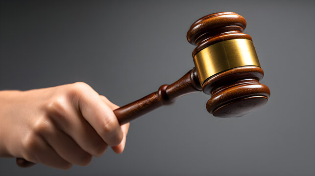 Hand holding wooden gavel with golden band, symbolizing justice and authority in legal matters