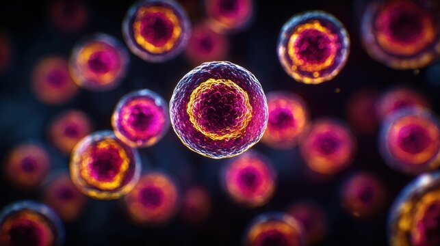 Colorful representation of cells under a microscope showing cellular structures and details