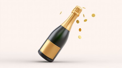 Cheers with sparkling champagne bottle and golden confetti floating in celebration atmosphere for joyous occasions. National Champagne Day