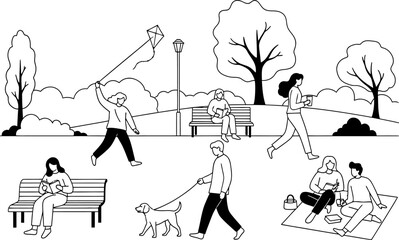 Linear graphic shows people relaxing, walking a dog, reading, picnicking and flying a kite in a black and white park setting promoting leisure activities.