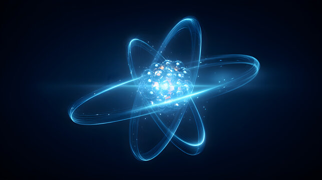 Blue glowing atom model with electrons orbiting in a dark background representing science concept - Powered by Adobe