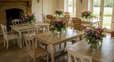 Elegant Dining Room with Floral Centerpieces and Natural Light.