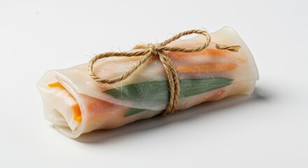 Fresh vegetable spring roll wrapped with twine sits against a white background