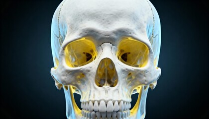 Medically accurate 3D render of the human skull, anterior view highlighting orbits, nasal cavity, and dental arcade.