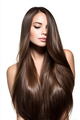 Fototapeta premium Young woman with long brown hair posing against white background 