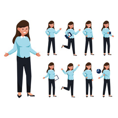Obraz premium Casual young business woman holding laptop. Character constructor for animation. Front, side and back view set. Body parts, postures, poses collection. Vector illustration.