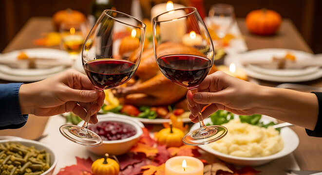 Two people toasting with red wine glasses at a festive Thanksgiving dinner table with turkey and autumn decorations.