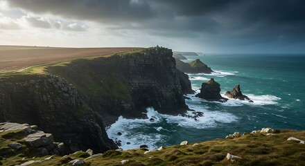 Dramatic coastal landscape with cliffs and ocean under a stormy sky.