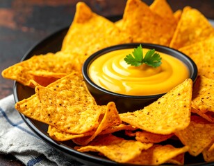 Close-up shot of crispy tortilla chips served with a vibrant, creamy cheese dip, a tasty snack