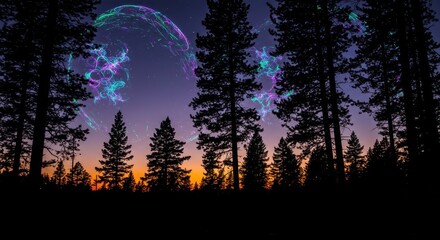 Silhouetted evergreen forest seen against a twilight sky featuring abstract glowing light structures
