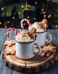 Christmas hot chocolate with whipped cream, candy canes and cookies