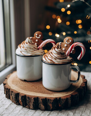 Two festive mugs with hot chocolate, whipped cream and candy canes by window