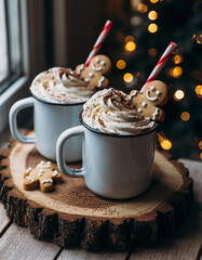 Christmas mugs with whipped cream, gingerbread cookies and straws, festive holiday drink