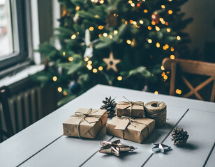 Christmas gifts wrapped in kraft paper with pinecones and silver stars, cozy home