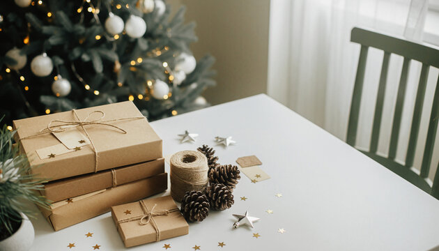 Stacked Christmas gifts in kraft paper with ribbon on white table, festive home