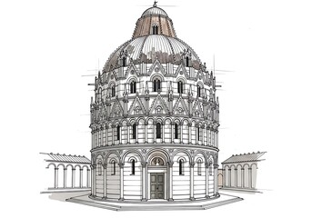 Fototapeta premium Baptistery of Pisa - Architectural Drawing of the Historic Building.