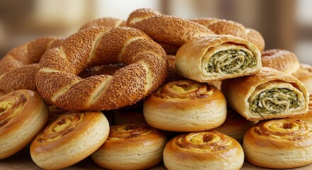 Delectable selection of freshly baked goods and savory pastries presentation