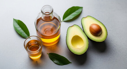 Avocado halves with oil bottle and glass on a neutral colored surface
