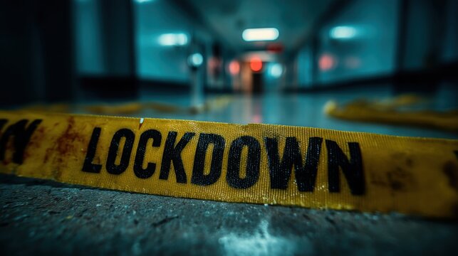 Lockdown Warning Tape on Urban Ground, Pandemic, Quarantine, Restriction