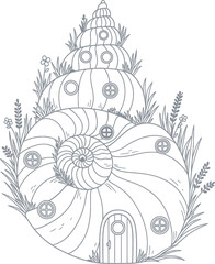 Fairy House Shell Silhouette with Garden Plants Around It Vector Illustration