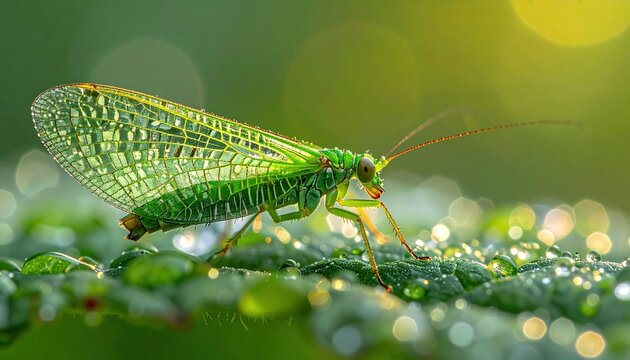 Vibrant green lacewing insect on a dew covered leaf highlighting delicate wings and antennae Bright bokeh background