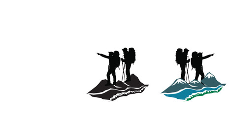 Silhouette of a hiker with a backpack climbing a rocky peak against a white background view outdoors