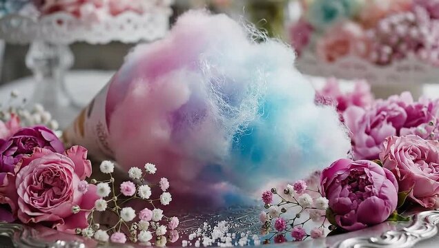 national cotton candy day pastel dessert with elegant pink flowers