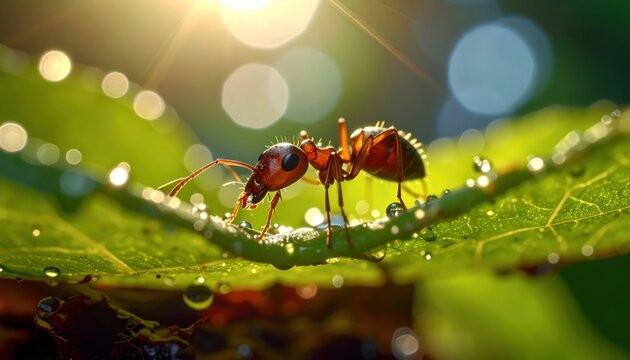 Red ant walking on a dew covered green leaf sparkling water droplets reflecting warm morning sunlight with bokeh