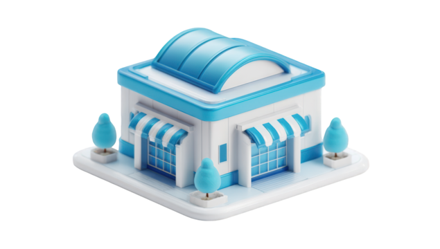 3D model of a small shop.  Isometric view
