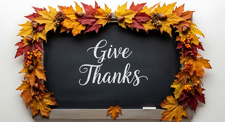 Thanksgiving chalkboard decorated with colorful autumn leaves, perfect for the holiday season.