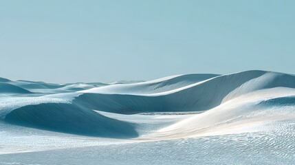Undulating landscape of stark white sand dunes stretches toward a pale horizon