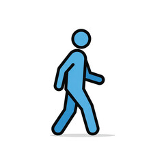 A simple blue stick figure person in profile, depicted in a walking motion against a clean white background, representing movement and human activity.
