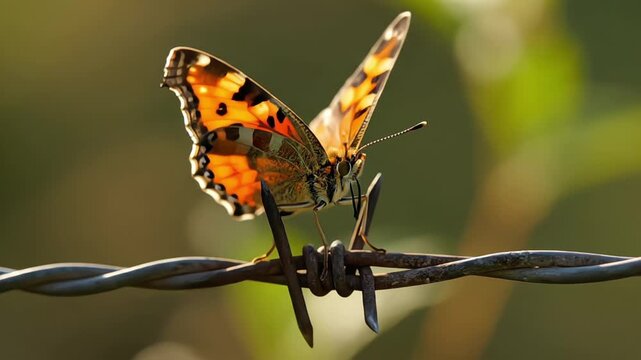 A vibrant Painted Lady butterfly rests delicately on sharp barbed wire in golden light.