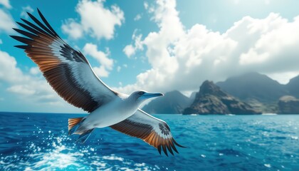 Soaring seabird with blue feet gracefully flies over vibrant ocean waters, a majestic sight with stunning blue skies and distant rock formations